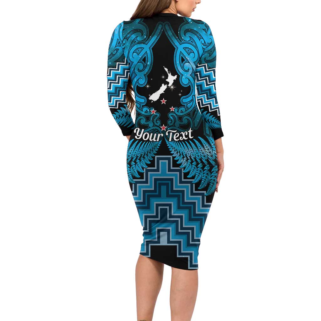 Personalised Aotearoa Matariki Family Matching Long Sleeve Bodycon Dress and Hawaiian Shirt Turquoise Fern Maori Poutama LT01 - Polynesian Pride