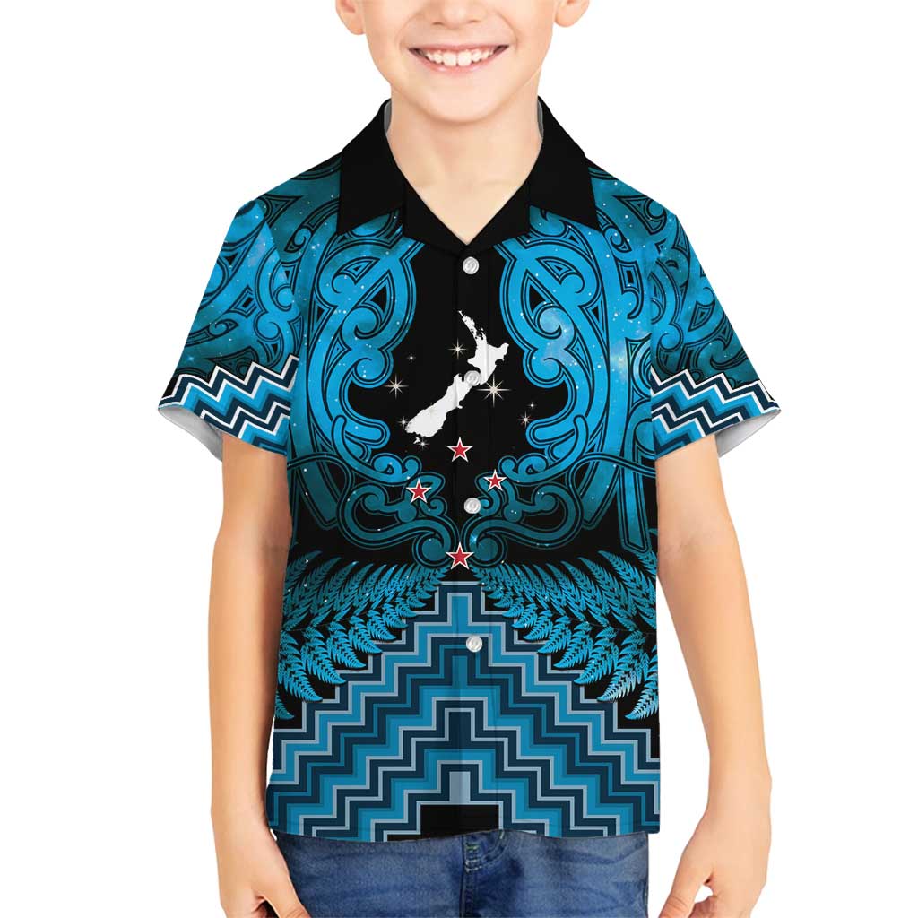 Personalised Aotearoa Matariki Family Matching Long Sleeve Bodycon Dress and Hawaiian Shirt Turquoise Fern Maori Poutama LT01 Son's Shirt Turquoise - Polynesian Pride