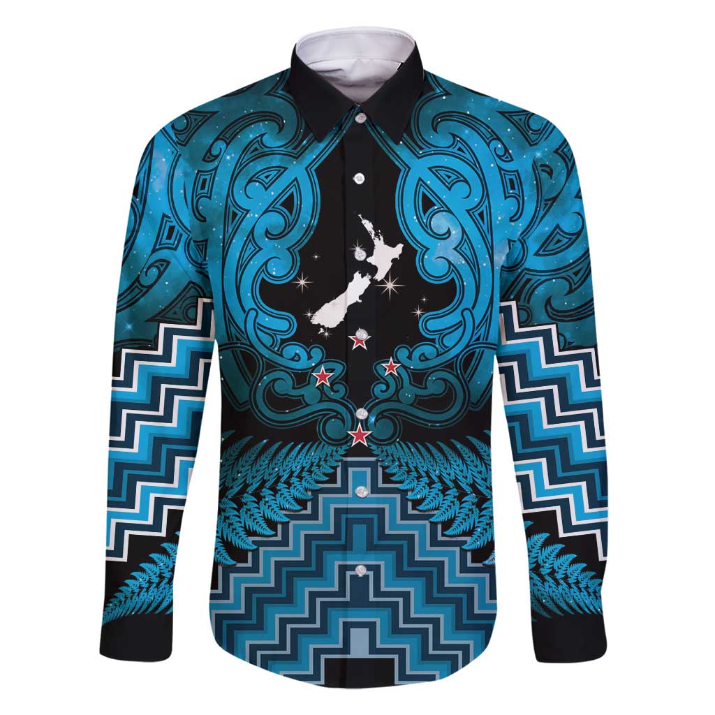 Personalised Aotearoa Matariki Family Matching Mermaid Dress and Hawaiian Shirt Turquoise Fern Maori Poutama LT01 Dad's Shirt - Long Sleeve Turquoise - Polynesian Pride