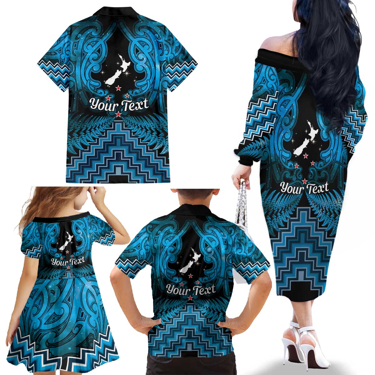 Personalised Aotearoa Matariki Family Matching Off The Shoulder Long Sleeve Dress and Hawaiian Shirt Turquoise Fern Maori Poutama