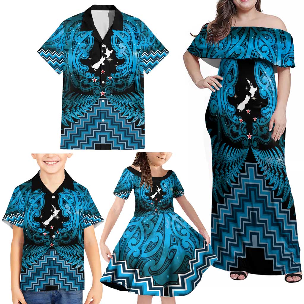 Personalised Aotearoa Matariki Family Matching Off Shoulder Maxi Dress and Hawaiian Shirt Turquoise Fern Maori Poutama