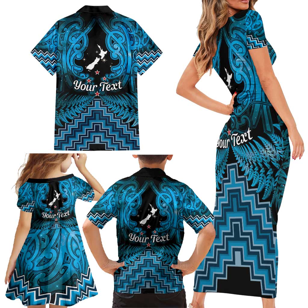 Personalised Aotearoa Matariki Family Matching Short Sleeve Bodycon Dress and Hawaiian Shirt Turquoise Fern Maori Poutama LT01 - Polynesian Pride