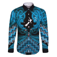 Personalised Aotearoa Matariki Family Matching Short Sleeve Bodycon Dress and Hawaiian Shirt Turquoise Fern Maori Poutama LT01 Dad's Shirt - Long Sleeve Turquoise - Polynesian Pride