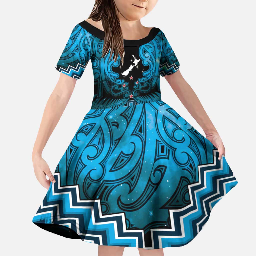 Personalised Aotearoa Matariki Family Matching Summer Maxi Dress and Hawaiian Shirt Turquoise Fern Maori Poutama LT01 Daughter's Dress Turquoise - Polynesian Pride