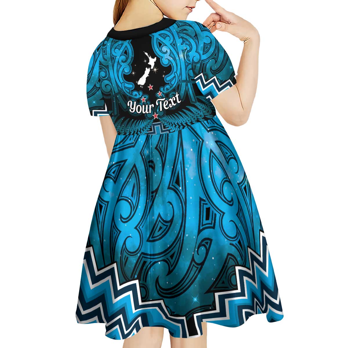 Personalised Aotearoa Matariki Kid Short Sleeve Dress Turquoise Fern Maori Poutama