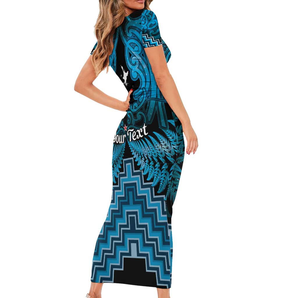 Personalised Aotearoa Matariki Short Sleeve Bodycon Dress Turquoise Fern Maori Poutama