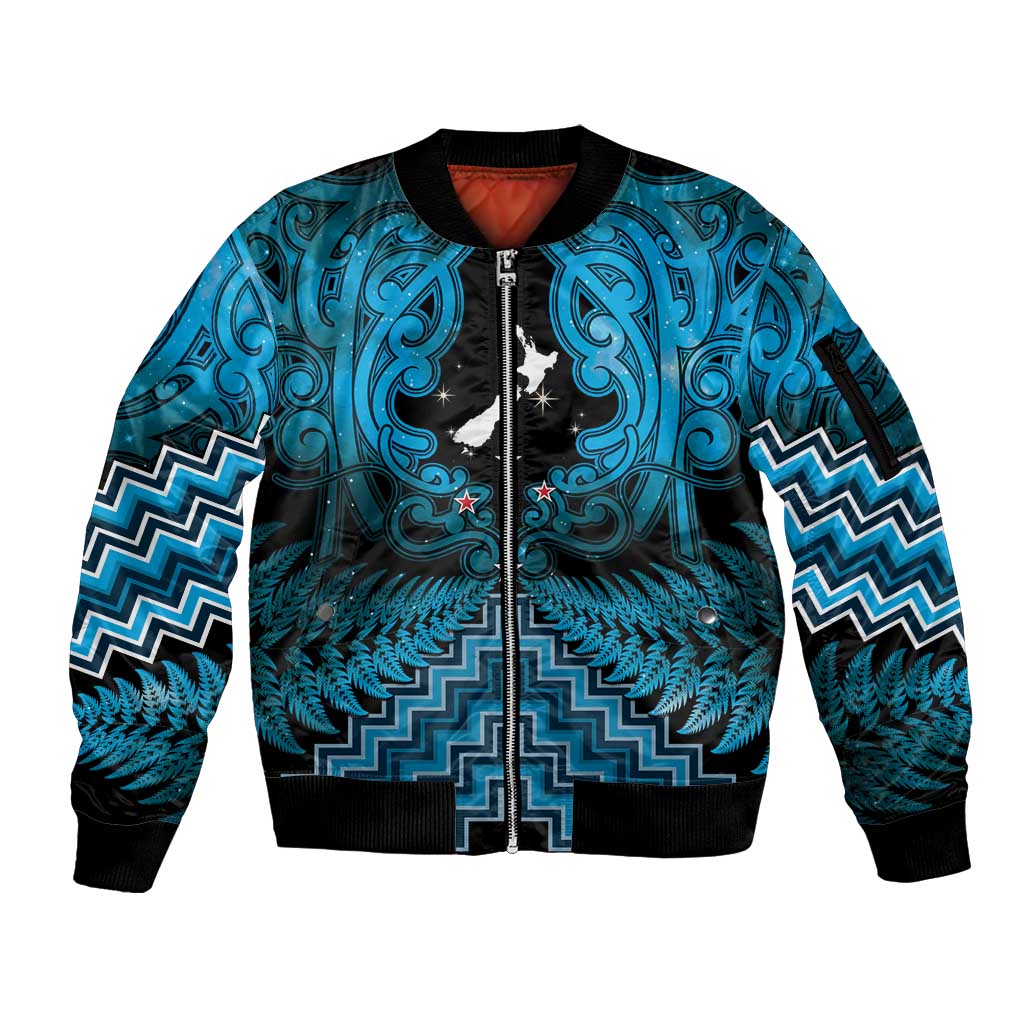 Personalised Aotearoa Matariki Sleeve Zip Bomber Jacket Turquoise Fern Maori Poutama