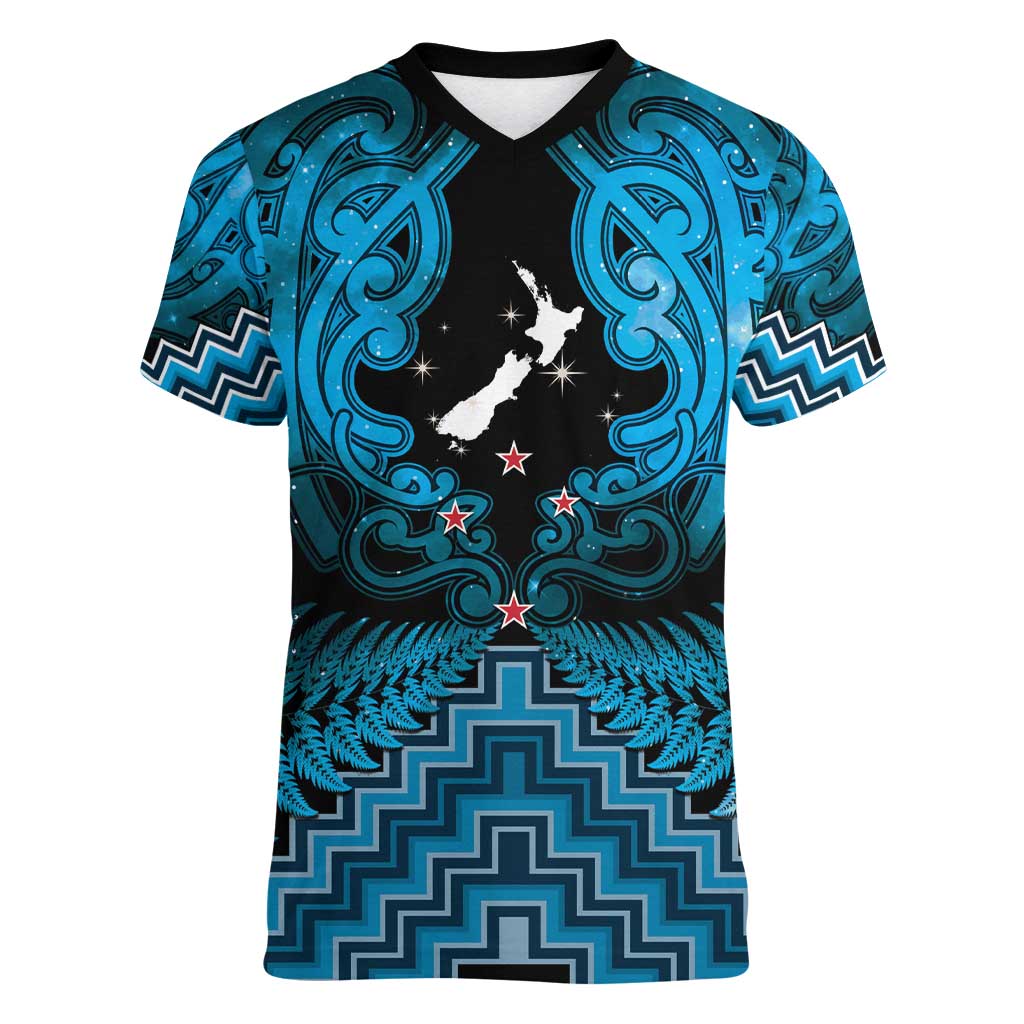 Personalised Aotearoa Matariki Women V-Neck T-Shirt Turquoise Fern Maori Poutama