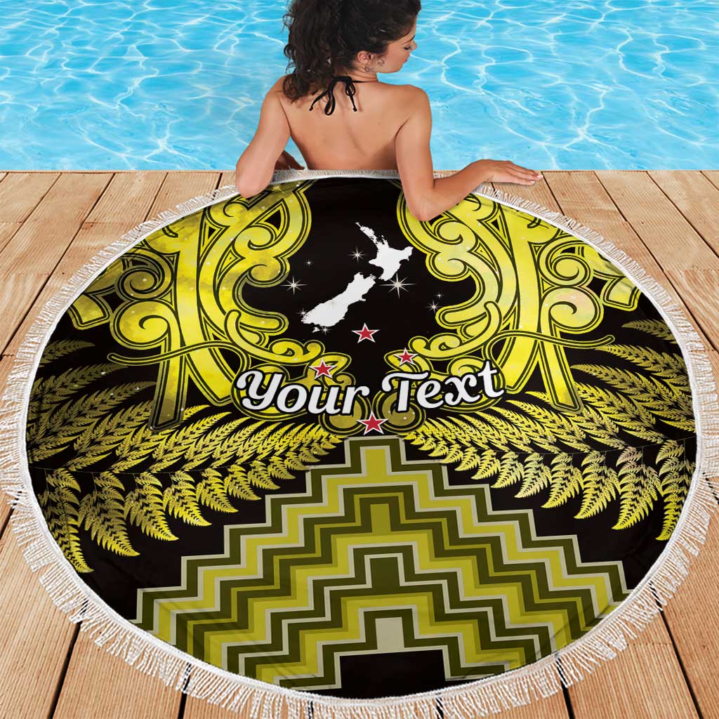 Personalised Aotearoa Matariki Beach Blanket Yellow Fern Maori Poutama