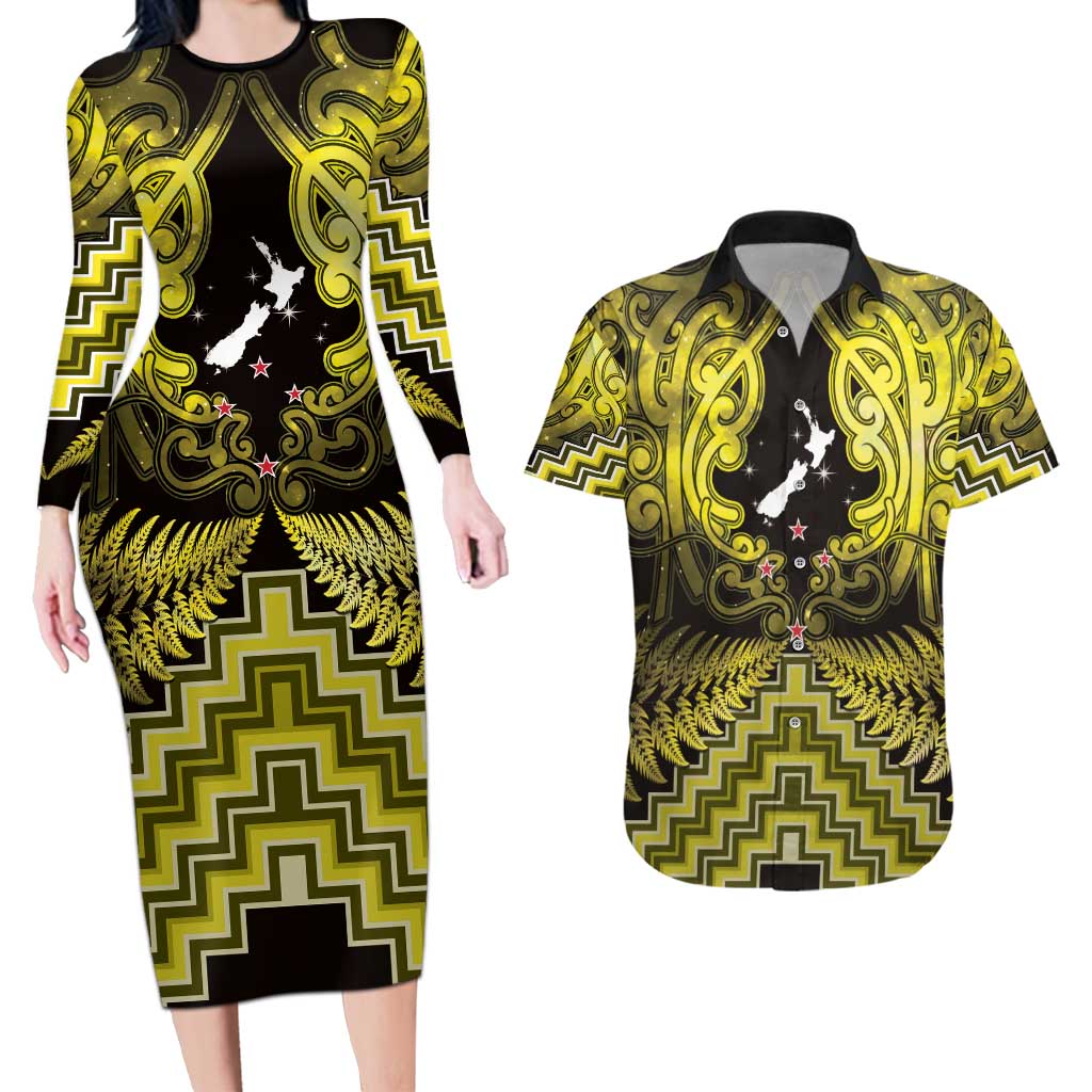 Personalised Aotearoa Matariki Couples Matching Long Sleeve Bodycon Dress and Hawaiian Shirt Yellow Fern Maori Poutama LT01 Yellow - Polynesian Pride