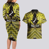 Personalised Aotearoa Matariki Couples Matching Long Sleeve Bodycon Dress and Hawaiian Shirt Yellow Fern Maori Poutama LT01 - Polynesian Pride