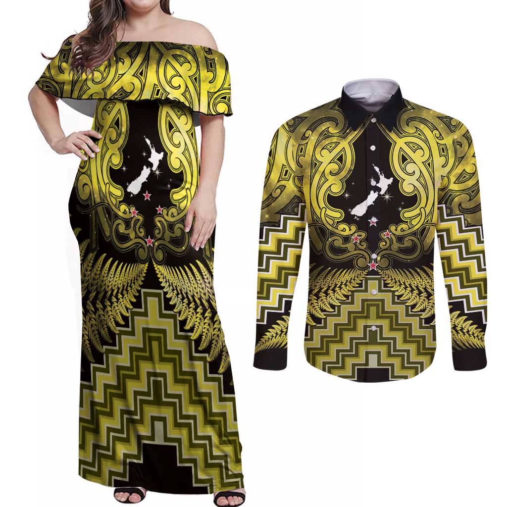 Personalised Aotearoa Matariki Couples Matching Off Shoulder Maxi Dress and Long Sleeve Button Shirt Yellow Fern Maori Poutama LT01 Yellow - Polynesian Pride