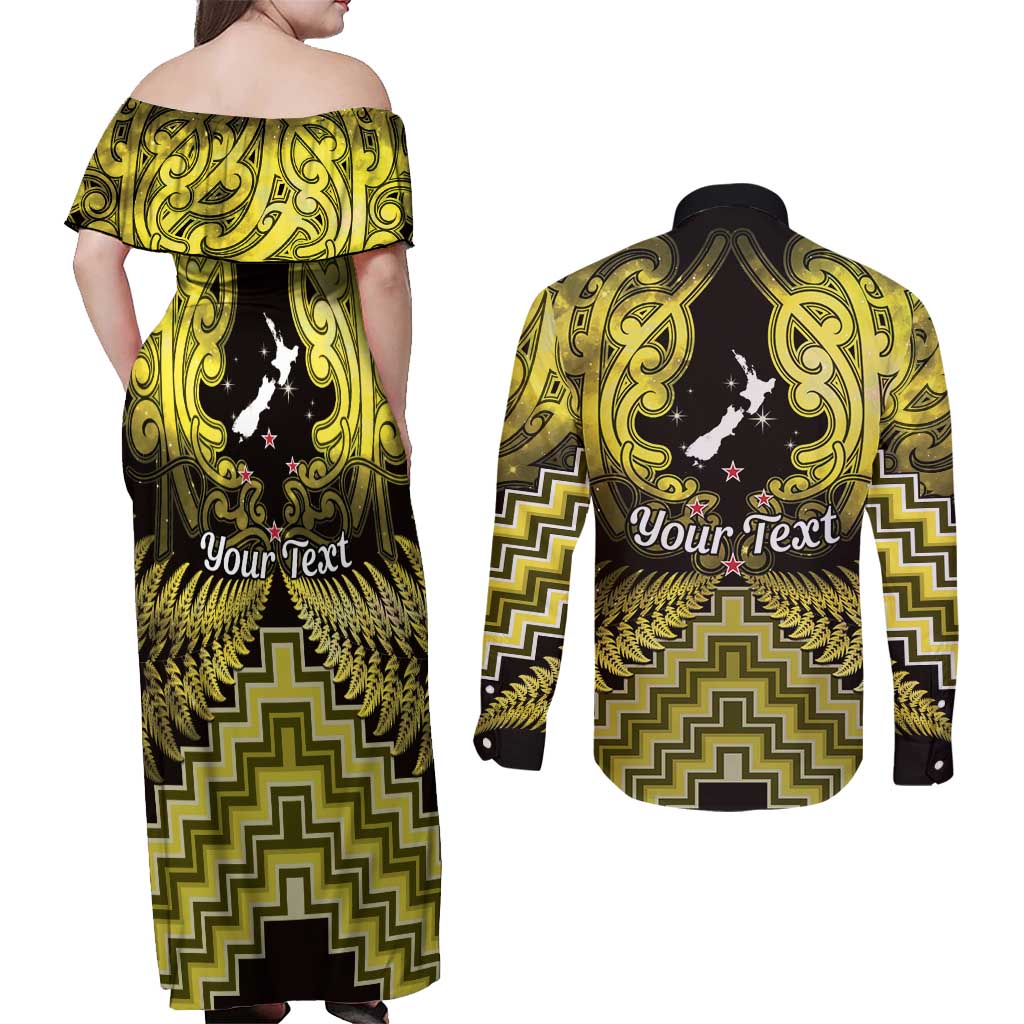 Personalised Aotearoa Matariki Couples Matching Off Shoulder Maxi Dress and Long Sleeve Button Shirt Yellow Fern Maori Poutama LT01 - Polynesian Pride
