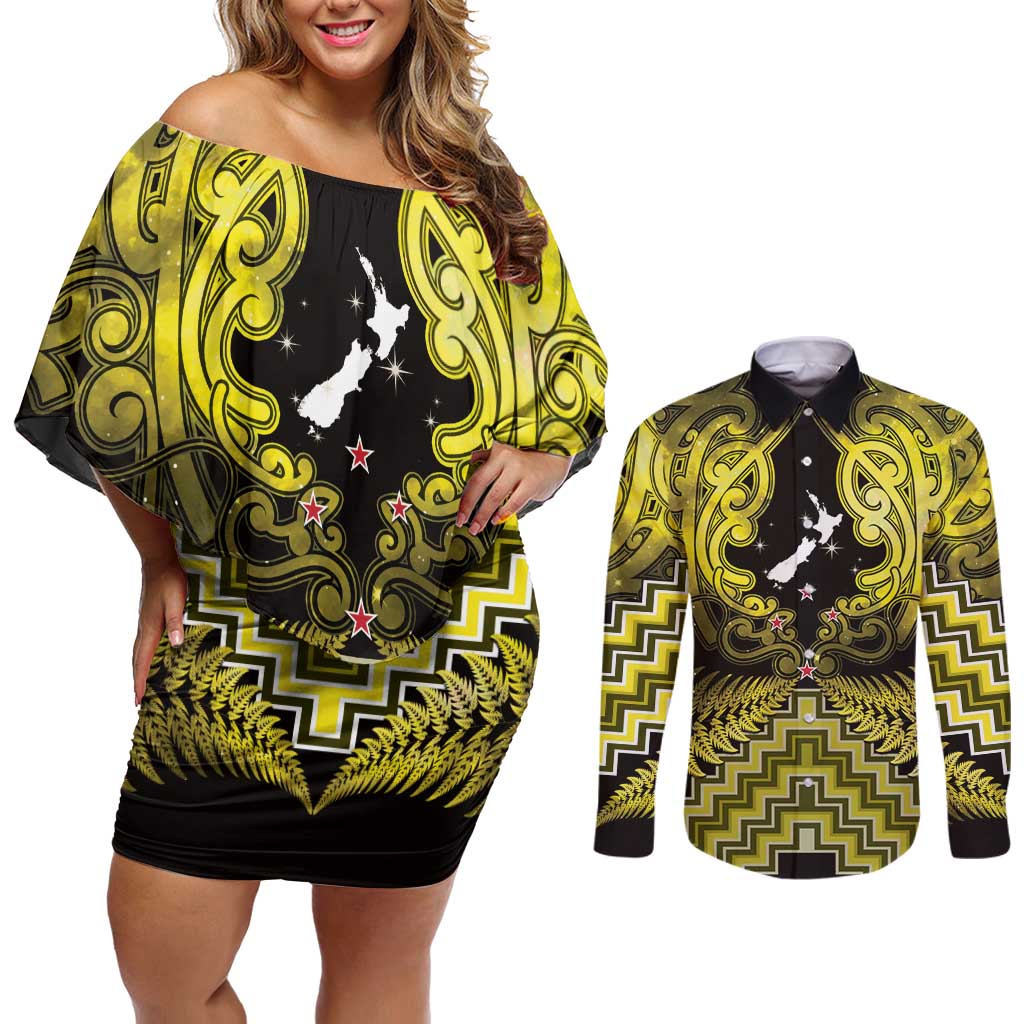 Personalised Aotearoa Matariki Couples Matching Off Shoulder Short Dress and Long Sleeve Button Shirt Yellow Fern Maori Poutama