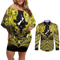 Personalised Aotearoa Matariki Couples Matching Off Shoulder Short Dress and Long Sleeve Button Shirt Yellow Fern Maori Poutama LT01 Yellow - Polynesian Pride