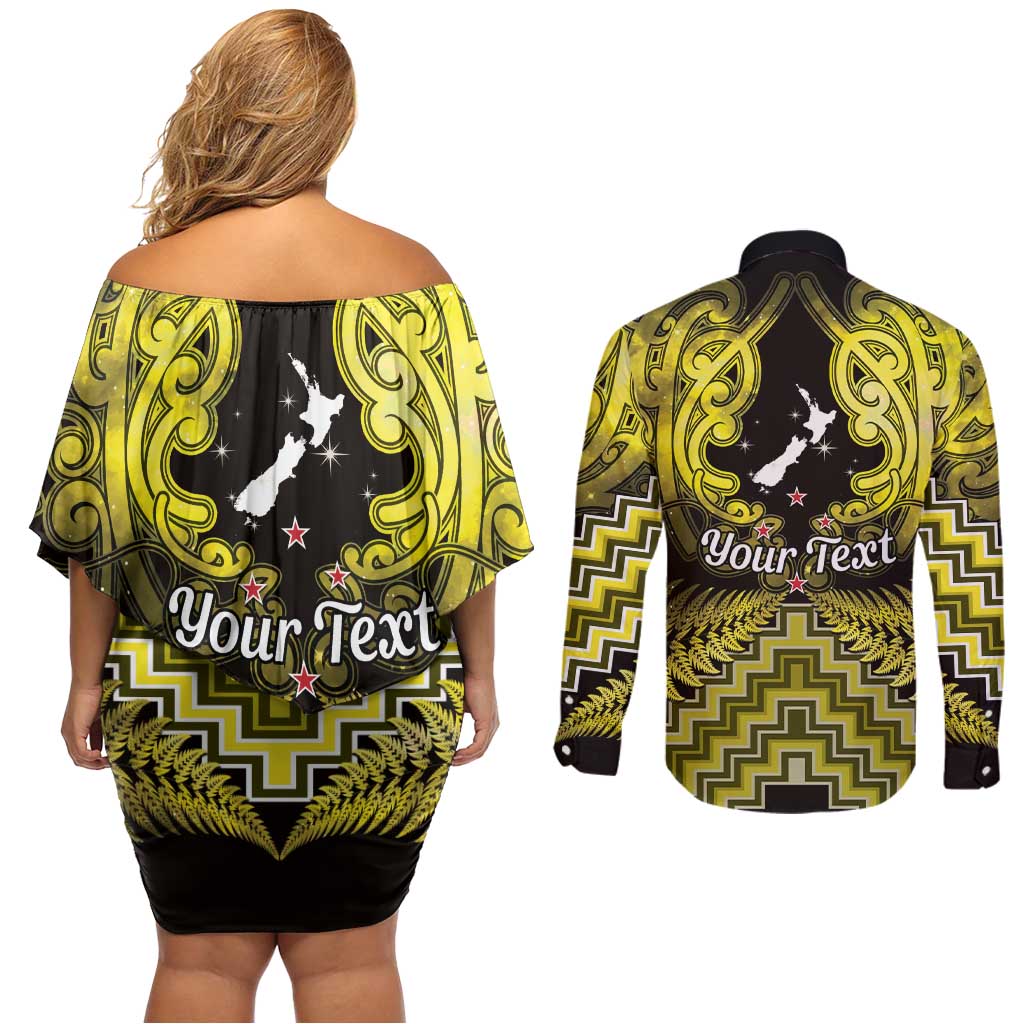 Personalised Aotearoa Matariki Couples Matching Off Shoulder Short Dress and Long Sleeve Button Shirt Yellow Fern Maori Poutama LT01 - Polynesian Pride