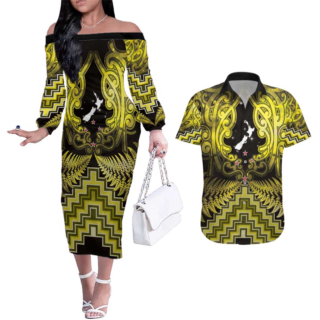Personalised Aotearoa Matariki Couples Matching Off The Shoulder Long Sleeve Dress and Hawaiian Shirt Yellow Fern Maori Poutama