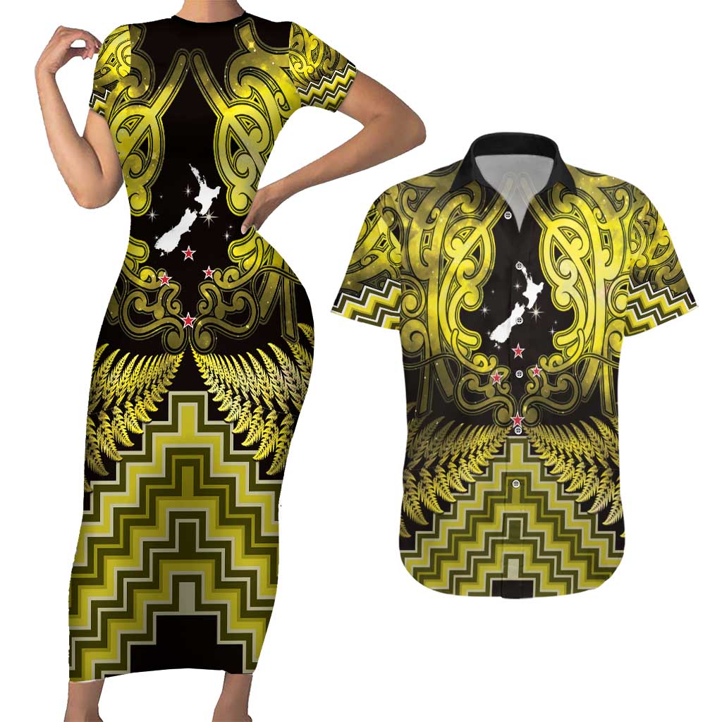 Personalised Aotearoa Matariki Couples Matching Short Sleeve Bodycon Dress and Hawaiian Shirt Yellow Fern Maori Poutama LT01 Yellow - Polynesian Pride