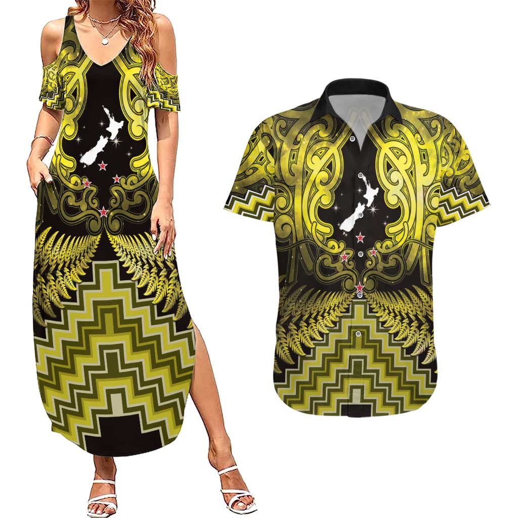 Personalised Aotearoa Matariki Couples Matching Summer Maxi Dress and Hawaiian Shirt Yellow Fern Maori Poutama