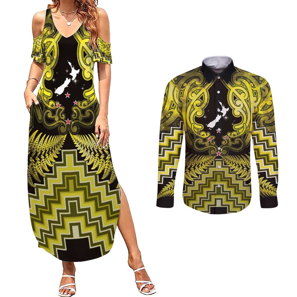 Personalised Aotearoa Matariki Couples Matching Summer Maxi Dress and Long Sleeve Button Shirt Yellow Fern Maori Poutama LT01 Yellow - Polynesian Pride