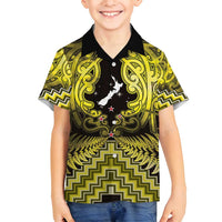 Personalised Aotearoa Matariki Family Matching Off Shoulder Short Dress and Hawaiian Shirt Yellow Fern Maori Poutama