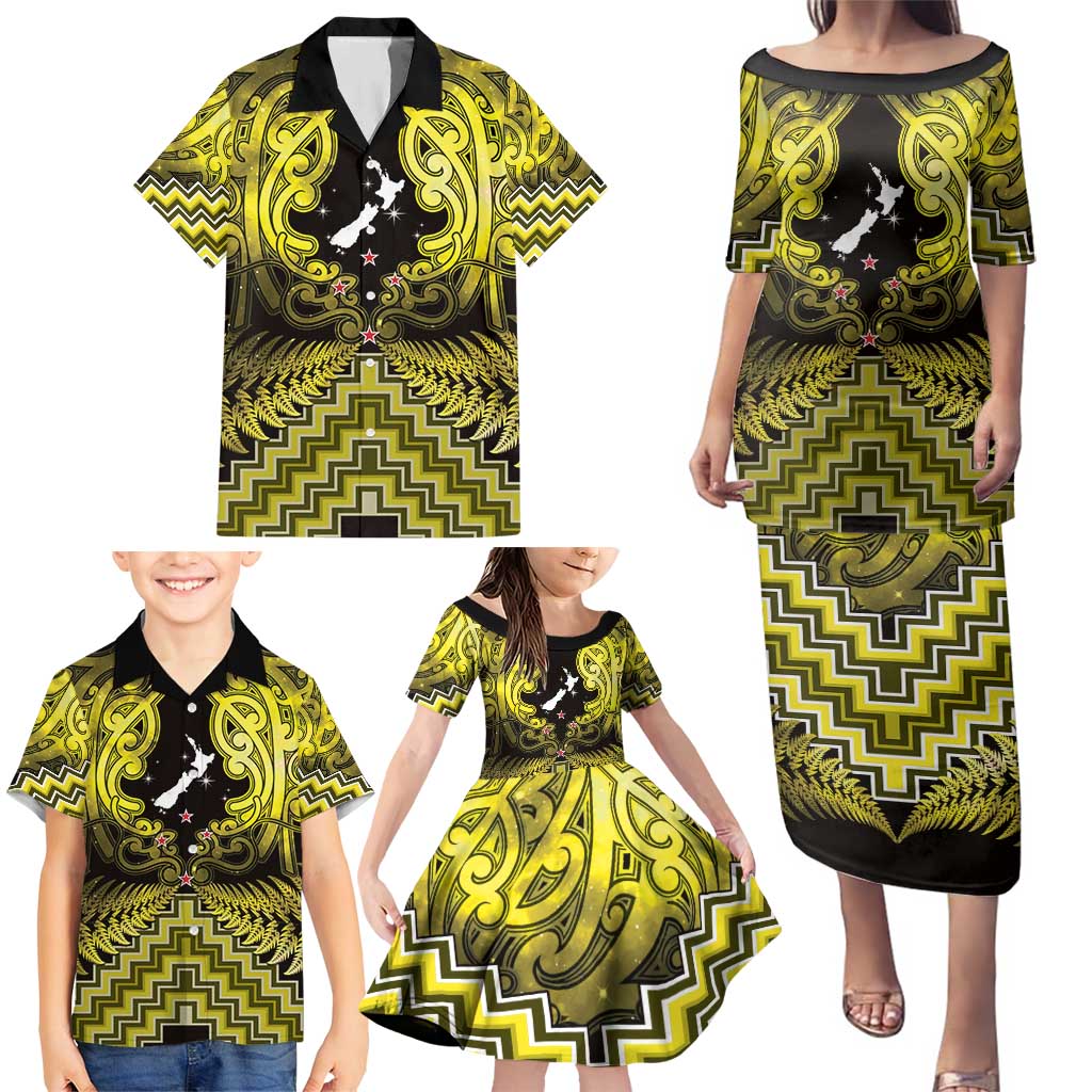 Personalised Aotearoa Matariki Family Matching Puletasi and Hawaiian Shirt Yellow Fern Maori Poutama