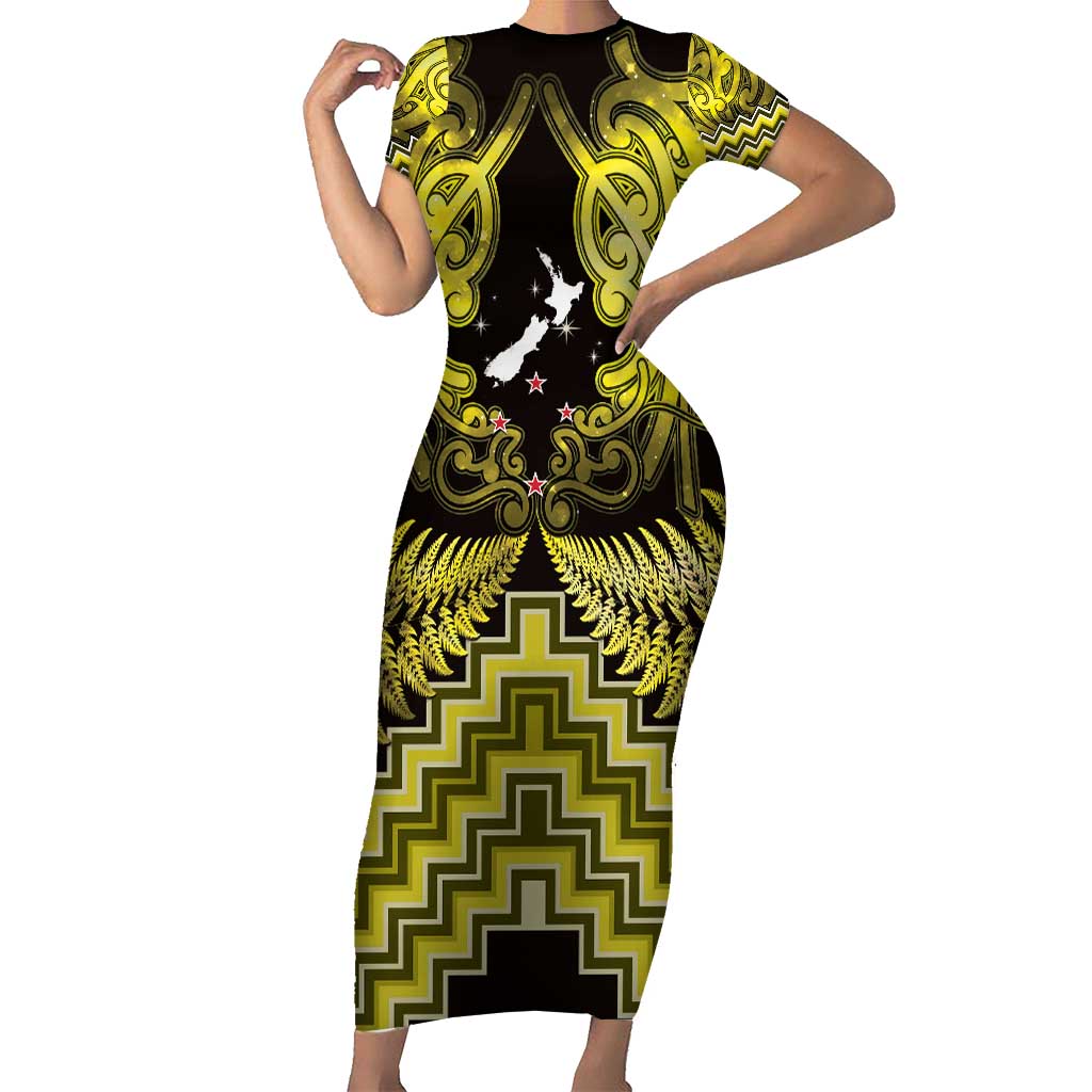 Personalised Aotearoa Matariki Family Matching Short Sleeve Bodycon Dress and Hawaiian Shirt Yellow Fern Maori Poutama LT01 Mom's Dress Yellow - Polynesian Pride