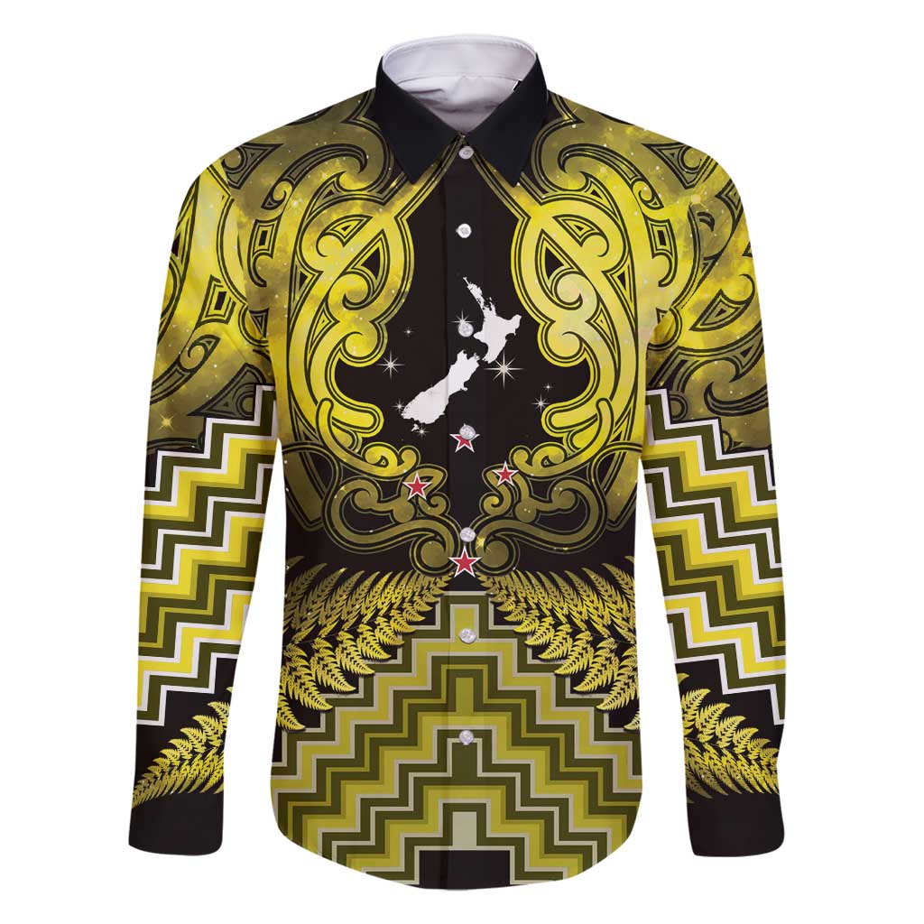 Personalised Aotearoa Matariki Family Matching Summer Maxi Dress and Hawaiian Shirt Yellow Fern Maori Poutama LT01 Dad's Shirt - Long Sleeve Yellow - Polynesian Pride
