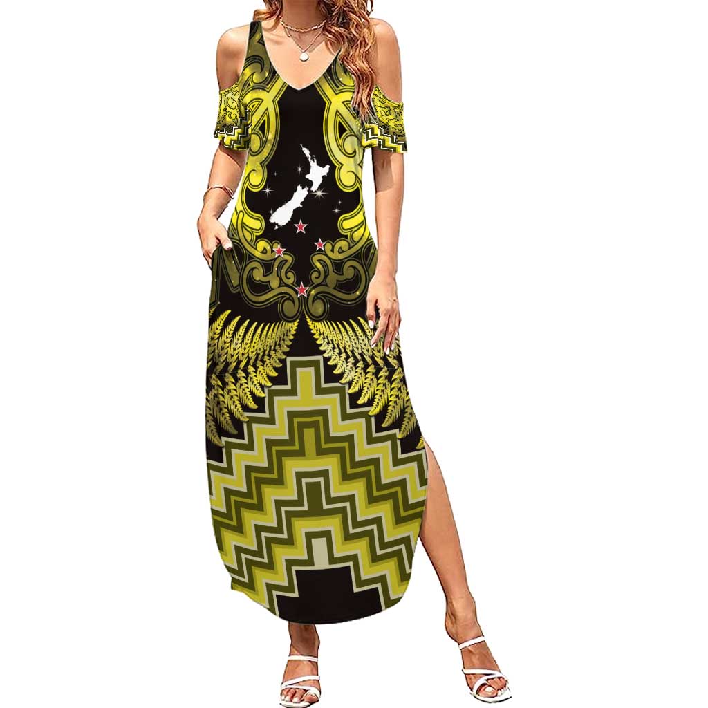 Personalised Aotearoa Matariki Family Matching Summer Maxi Dress and Hawaiian Shirt Yellow Fern Maori Poutama LT01 Mom's Dress Yellow - Polynesian Pride