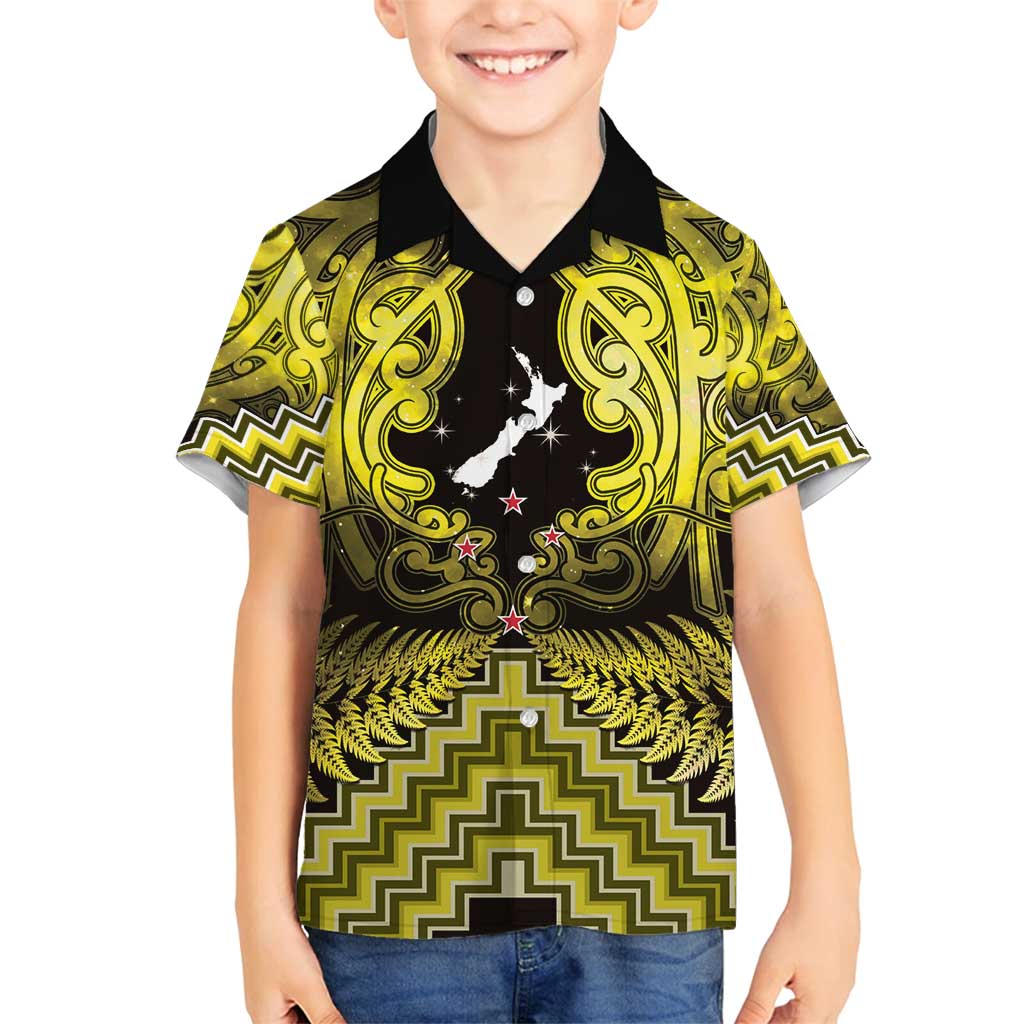 Personalised Aotearoa Matariki Family Matching Tank Maxi Dress and Hawaiian Shirt Yellow Fern Maori Poutama LT01 Son's Shirt Yellow - Polynesian Pride