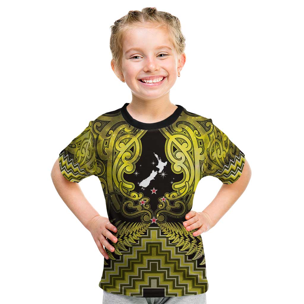 Personalised Aotearoa Matariki Kid T Shirt Yellow Fern Maori Poutama