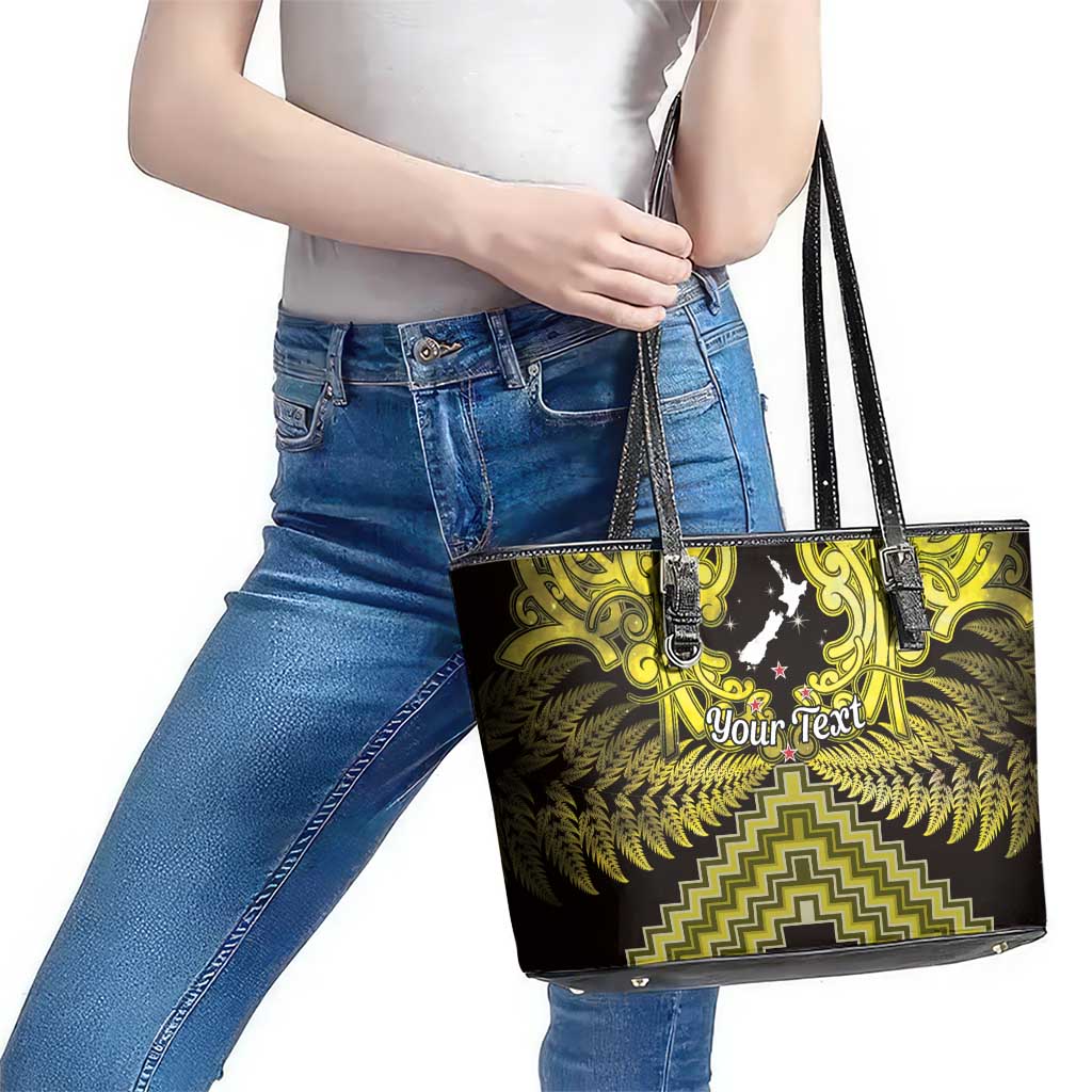 Personalised Aotearoa Matariki Leather Tote Bag Yellow Fern Maori Poutama