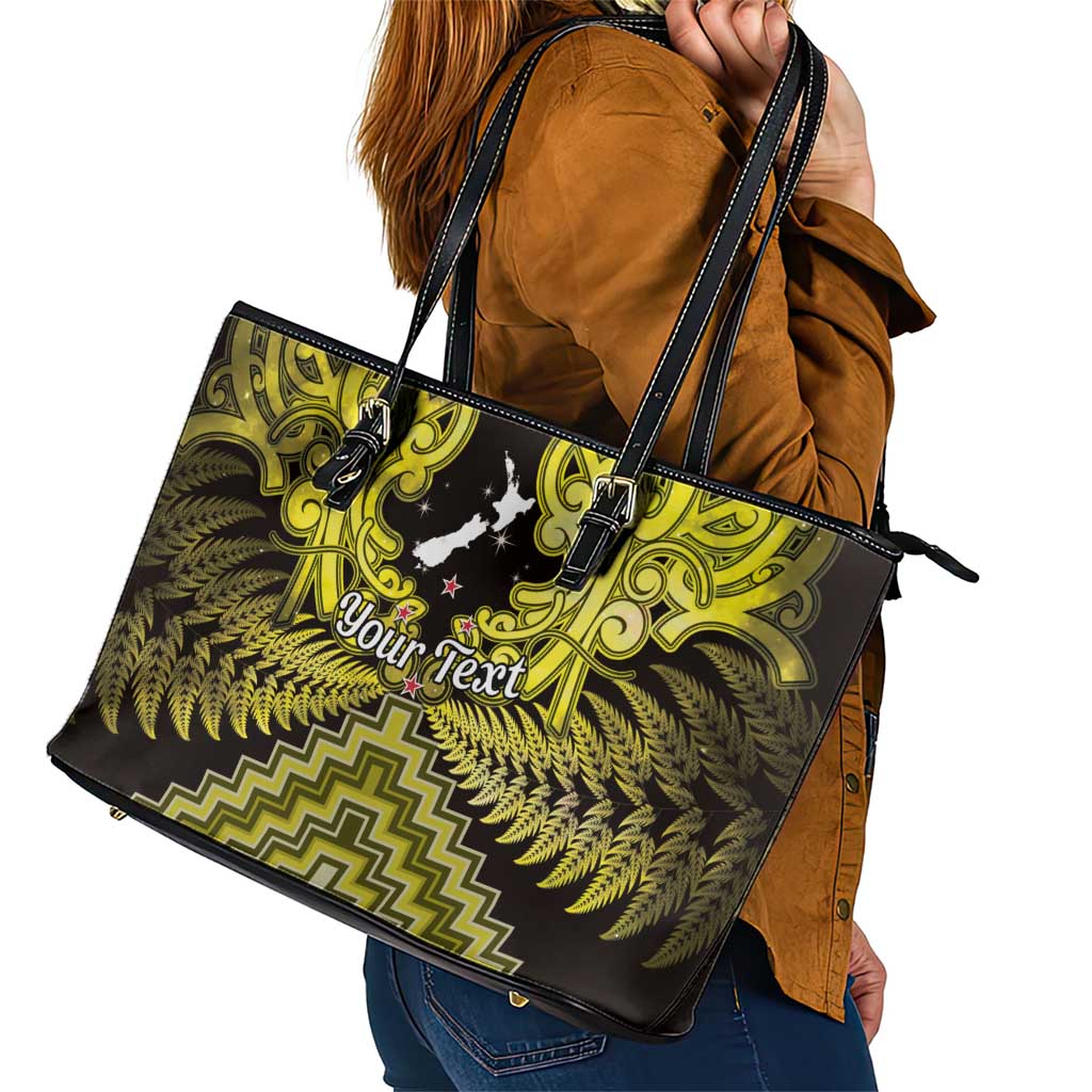 Personalised Aotearoa Matariki Leather Tote Bag Yellow Fern Maori Poutama