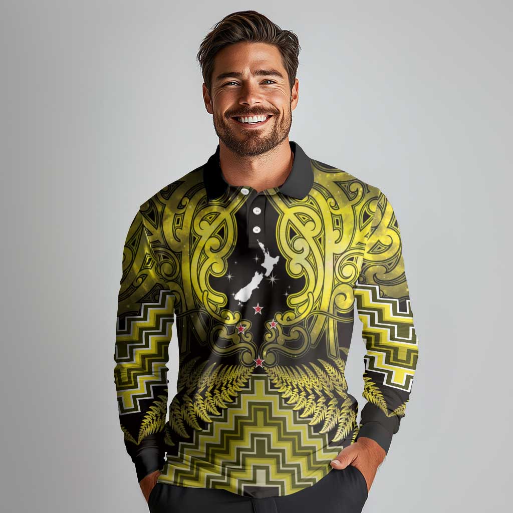 Personalised Aotearoa Matariki Long Sleeve Polo Shirt Yellow Fern Maori Poutama