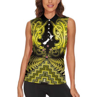 Personalised Aotearoa Matariki Women Sleeveless Polo Shirt Yellow Fern Maori Poutama