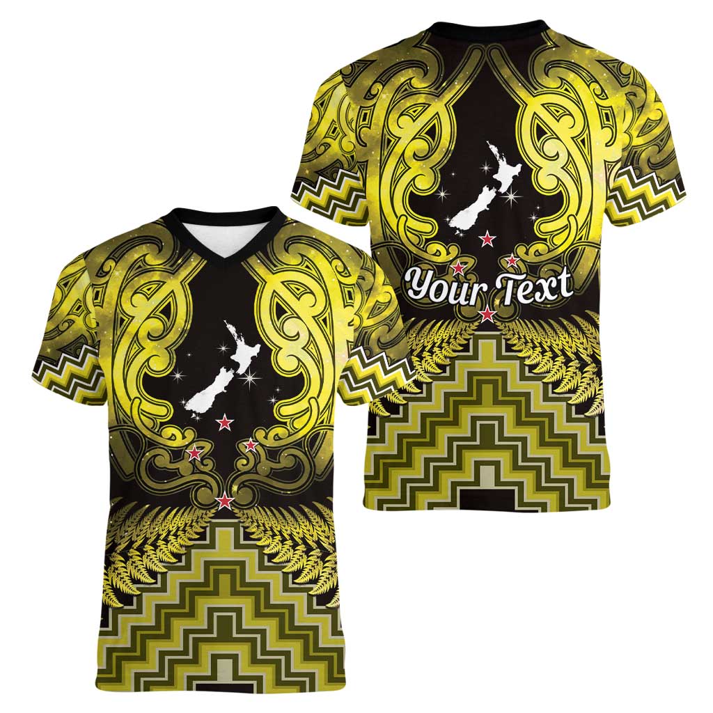 Personalised Aotearoa Matariki Women V-Neck T-Shirt Yellow Fern Maori Poutama