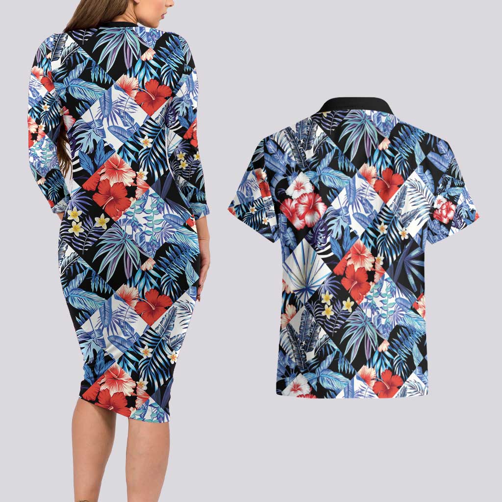 Hawaii Tropicana Blue Pattern Couples Matching Long Sleeve Bodycon Dress and Hawaiian Shirt - Polynesian Pride