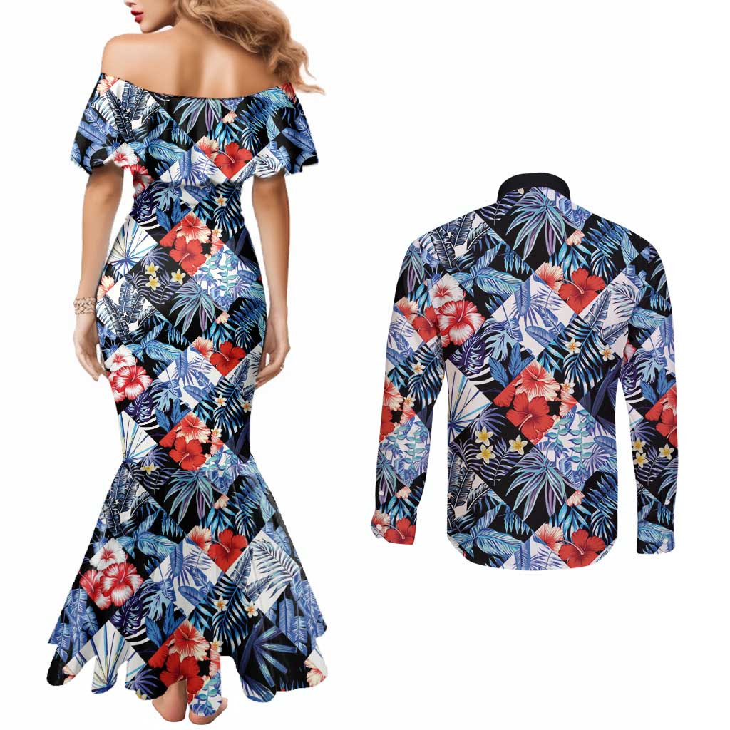 Hawaii Tropicana Blue Pattern Couples Matching Mermaid Dress and Long Sleeve Button Shirt - Polynesian Pride