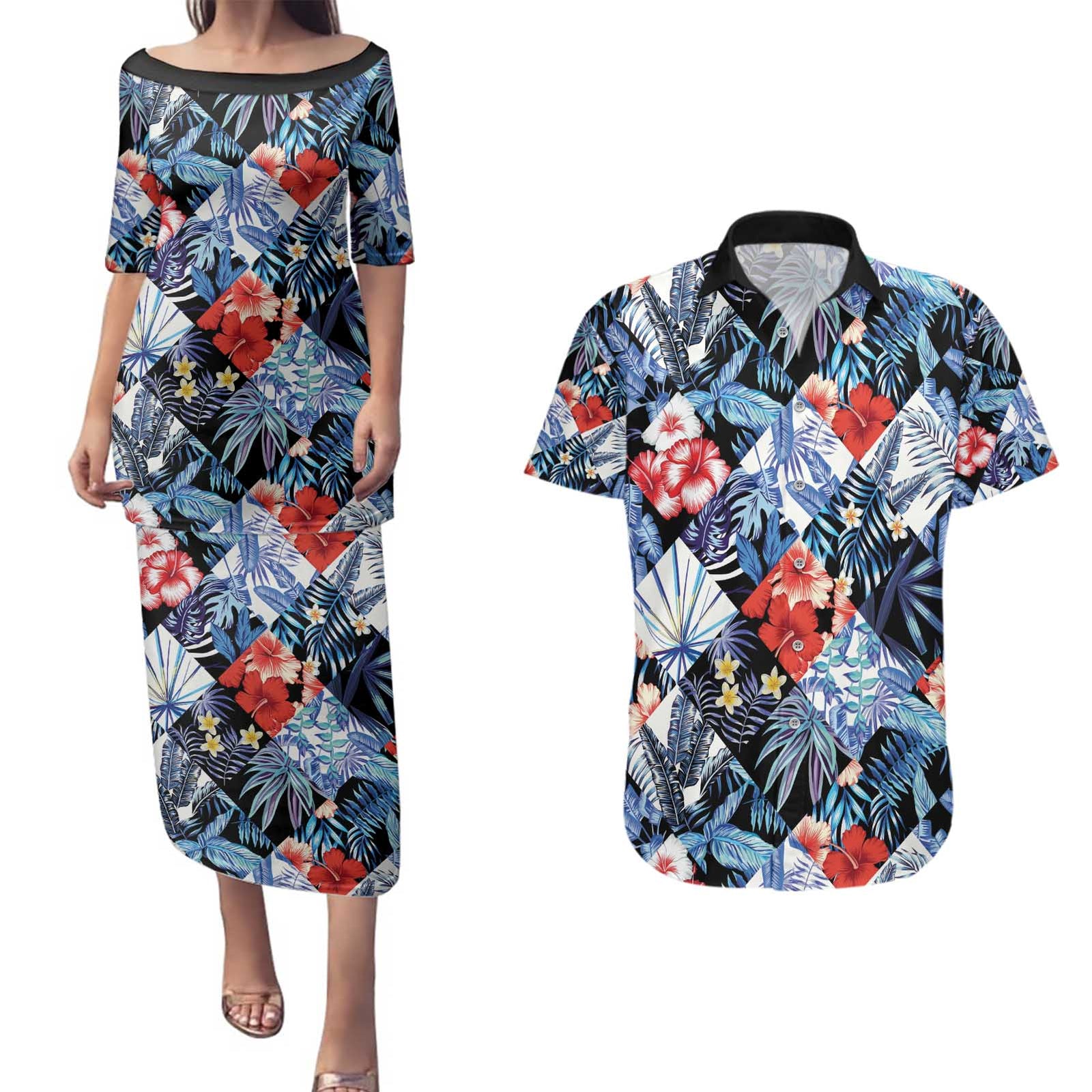 Hawaii Tropicana Blue Pattern Couples Matching Puletasi and Hawaiian Shirt - Polynesian Pride