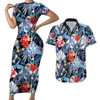 Hawaii Tropicana Blue Pattern Couples Matching Short Sleeve Bodycon Dress and Hawaiian Shirt - Polynesian Pride