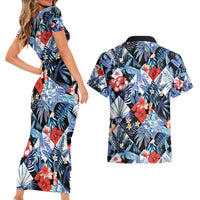Hawaii Tropicana Blue Pattern Couples Matching Short Sleeve Bodycon Dress and Hawaiian Shirt - Polynesian Pride