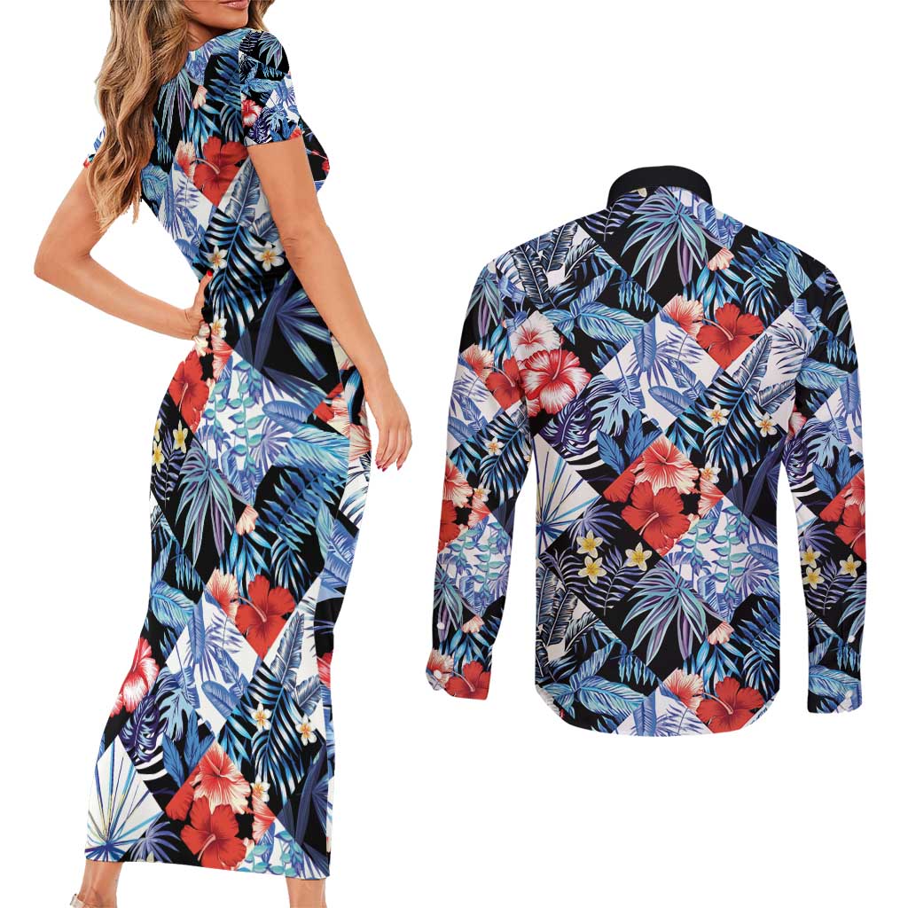 Hawaii Tropicana Blue Pattern Couples Matching Short Sleeve Bodycon Dress and Long Sleeve Button Shirt - Polynesian Pride