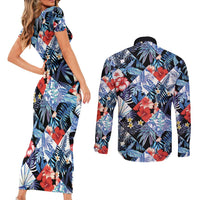 Hawaii Tropicana Blue Pattern Couples Matching Short Sleeve Bodycon Dress and Long Sleeve Button Shirt - Polynesian Pride