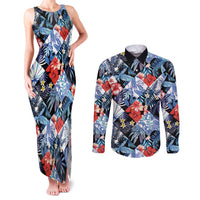 Hawaii Tropicana Blue Pattern Couples Matching Tank Maxi Dress and Long Sleeve Button Shirt - Polynesian Pride