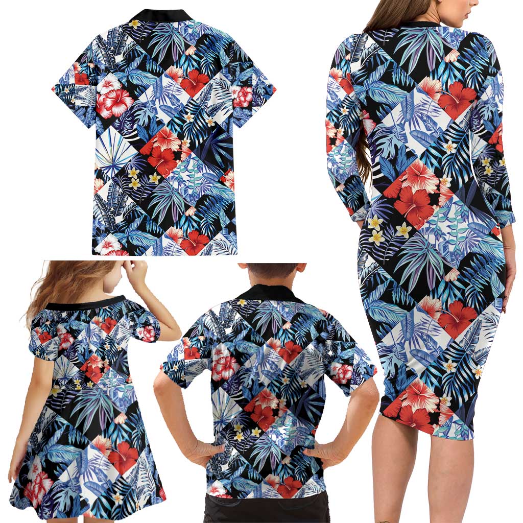 Hawaii Tropicana Blue Pattern Family Matching Long Sleeve Bodycon Dress and Hawaiian Shirt - Polynesian Pride