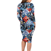 Hawaii Tropicana Blue Pattern Family Matching Long Sleeve Bodycon Dress and Hawaiian Shirt - Polynesian Pride