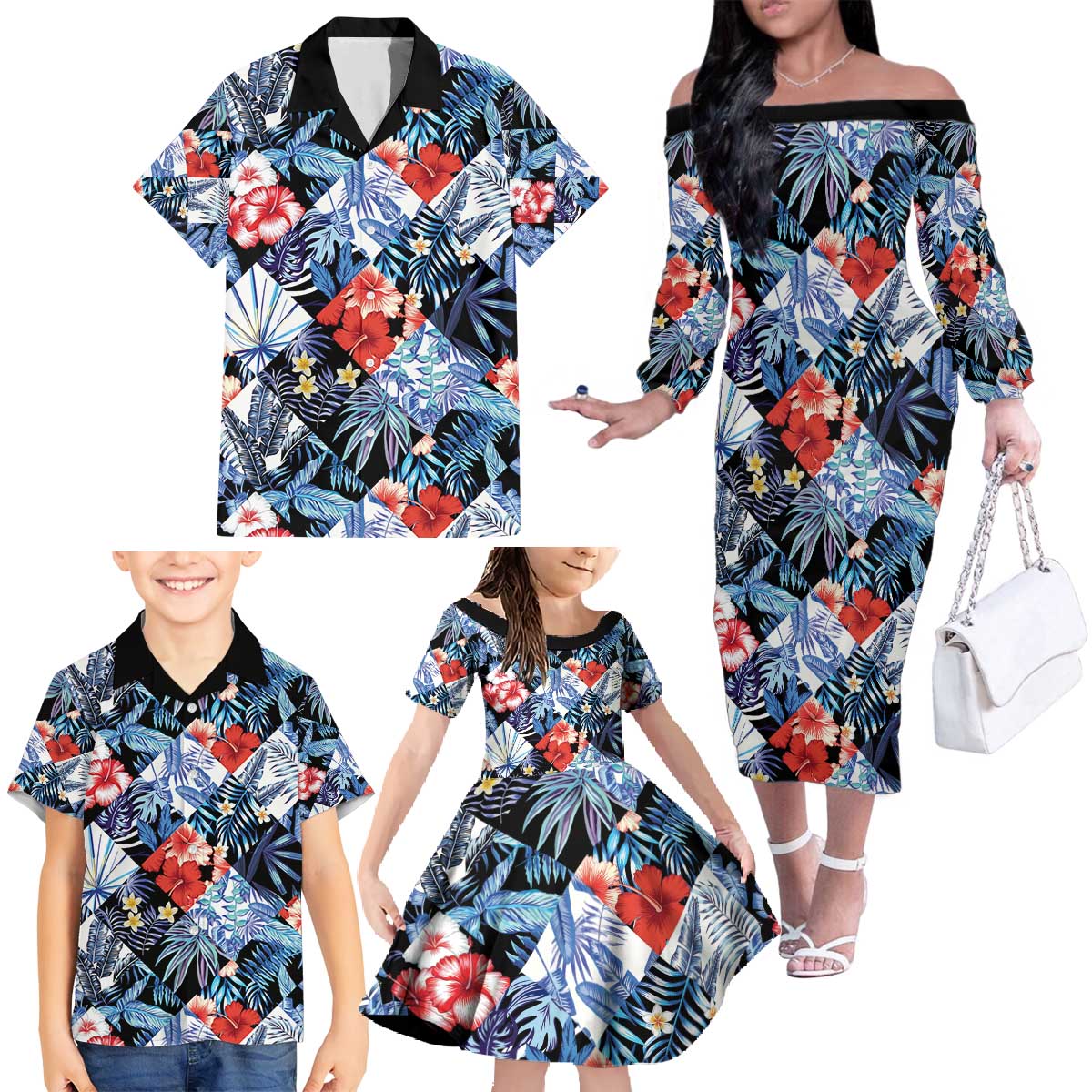 Hawaii Tropicana Blue Pattern Family Matching Off The Shoulder Long Sleeve Dress and Hawaiian Shirt - Polynesian Pride