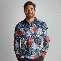 Hawaii Tropicana Blue Pattern Long Sleeve Polo Shirt LT01 - Polynesian Pride