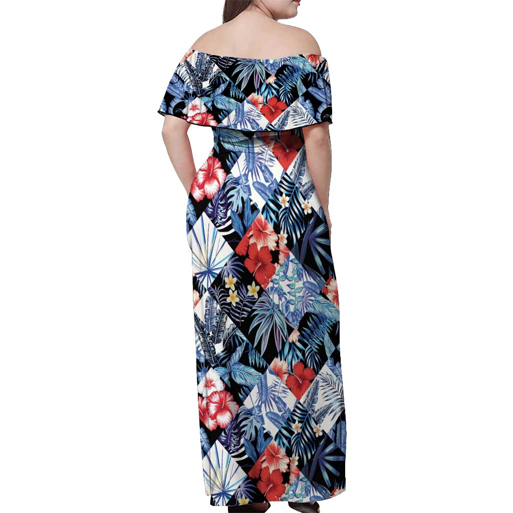 Hawaii Tropicana Blue Pattern Off Shoulder Maxi Dress - Polynesian Pride