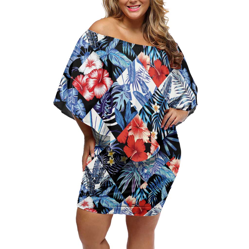 Hawaii Tropicana Blue Pattern Off Shoulder Short Dress - Polynesian Pride